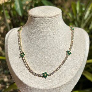 18K Gold Plated Stainless Steel Emerald Green Flower Diamond Choker Necklace